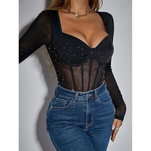 Black Rhinestone Mesh Bustier Corset Bodysuit Women's Large Sexy Glam Clubwear